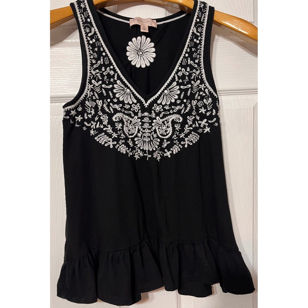 Philosophy Republic Clothing Womens Black White Floral Embroidered Peplum Tank S